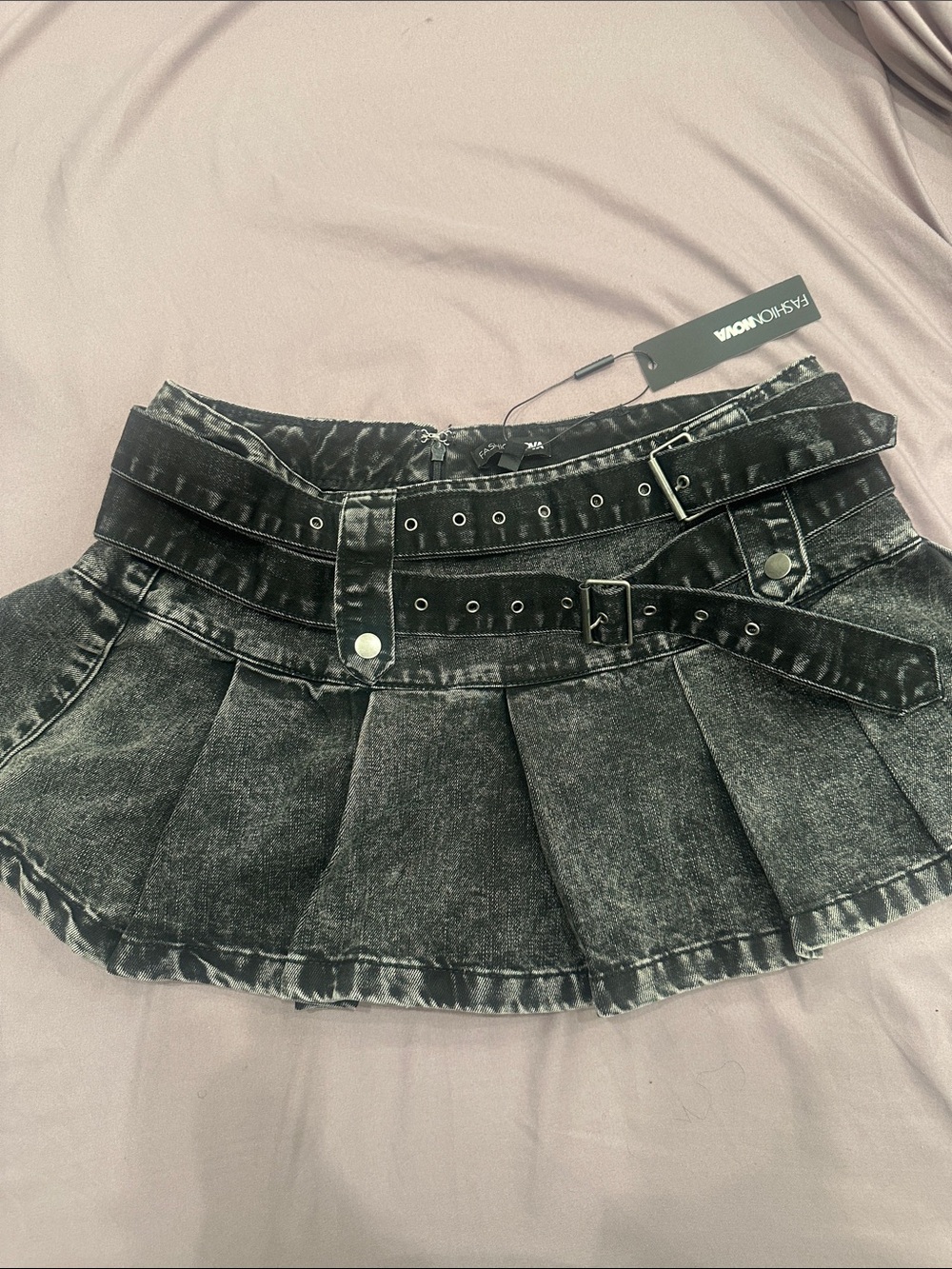 Fashion Nova Black Washed Pleated Mini Skirt with Double Belt Accents